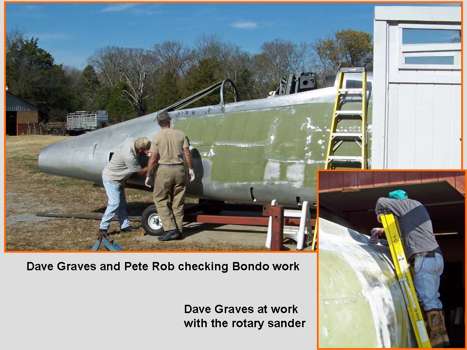 A composite picture that shows Dave Graves and Pete Rob doing Bondo work. 
            Click on the picture to enlarge it.